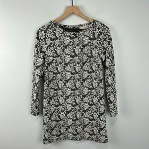 Loft Petite Grey Long Sleeve Dress With White Paisley Embroidery